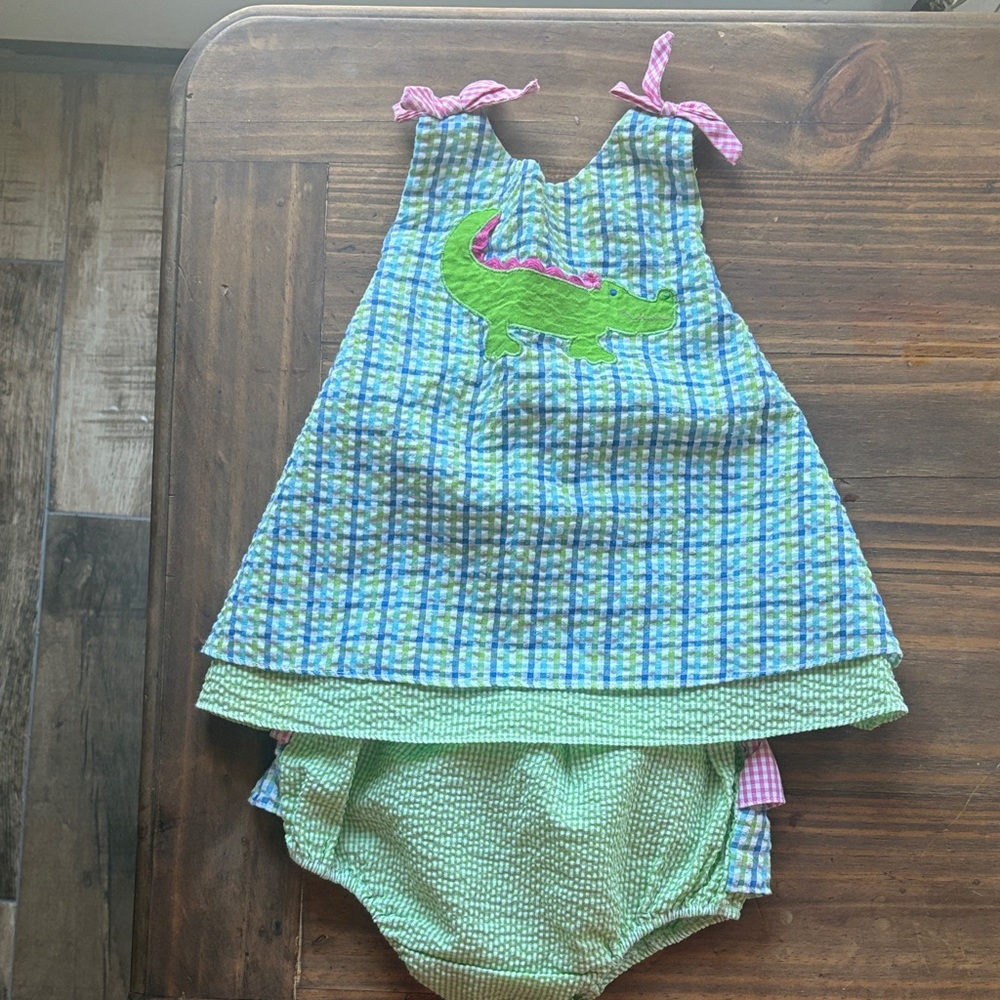 ZU Green & Blue Gingham Baby Dress with Crocodile Applique 6months